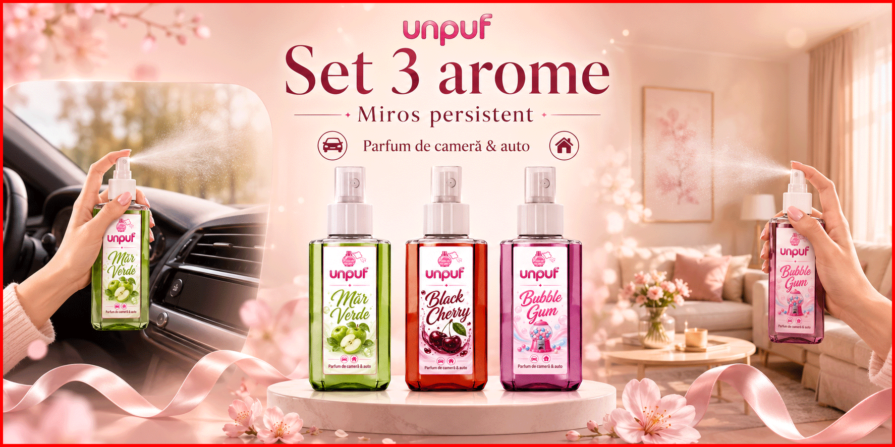 Set 3 Odorizante auto si casa Unpuf, Arome Black Cherry Bubble Gum Mar Verde, cu pulverizator, improspatare aer si parfum de durata, 3x75 ml