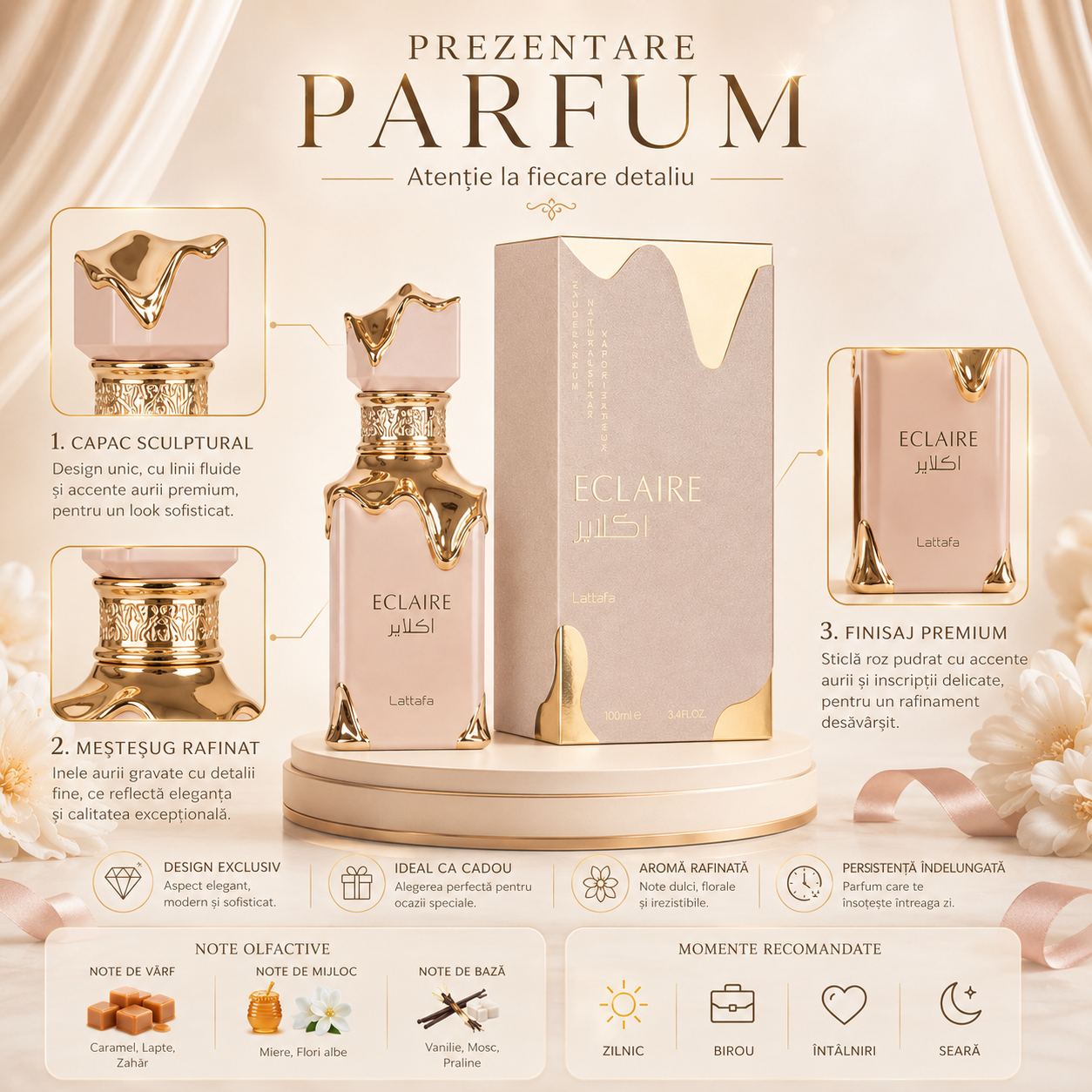 Prezentare parfum Eclaire Lattafa 100 ml Apă de Parfum Damă cu flacon roz pudrat și detalii aurii