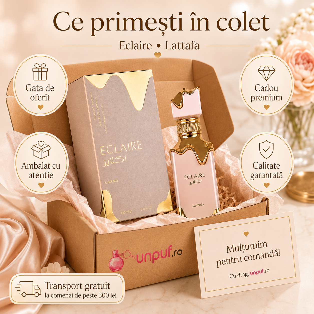 Ce primești &icirc;n colet Parfum Eclaire Lattafa 100 ml ambalat cu atenție și gata de oferit cadou
