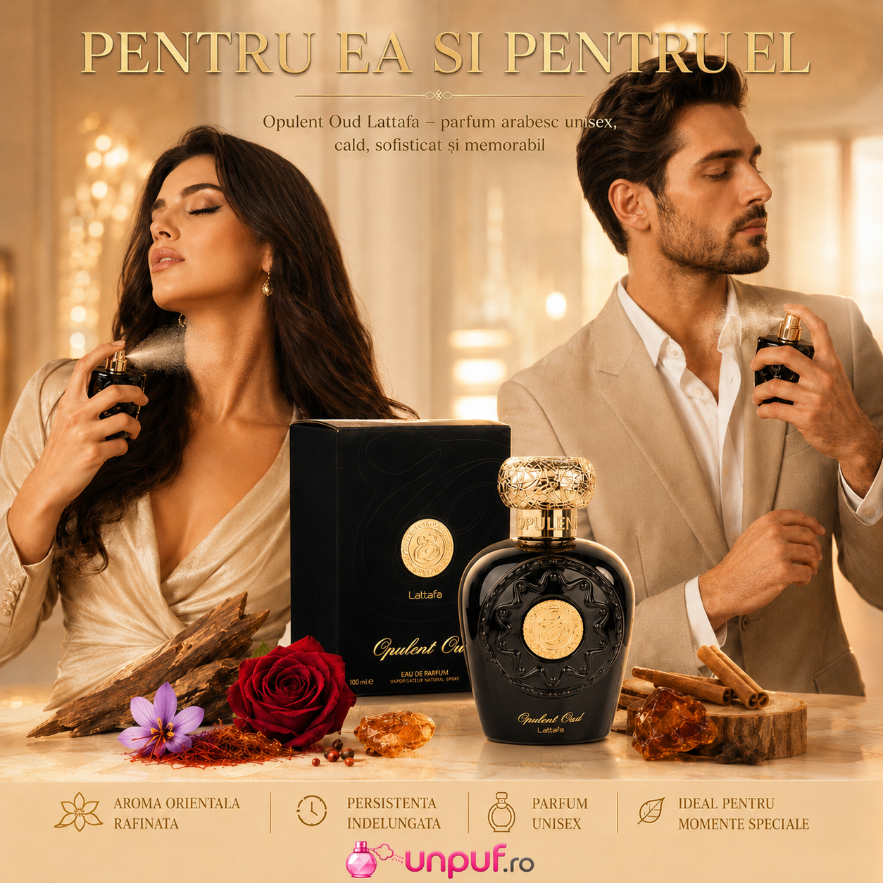 Parfum Opulent Oud Lattafa pentru damă și bărbat cu aromă orientală elegantă