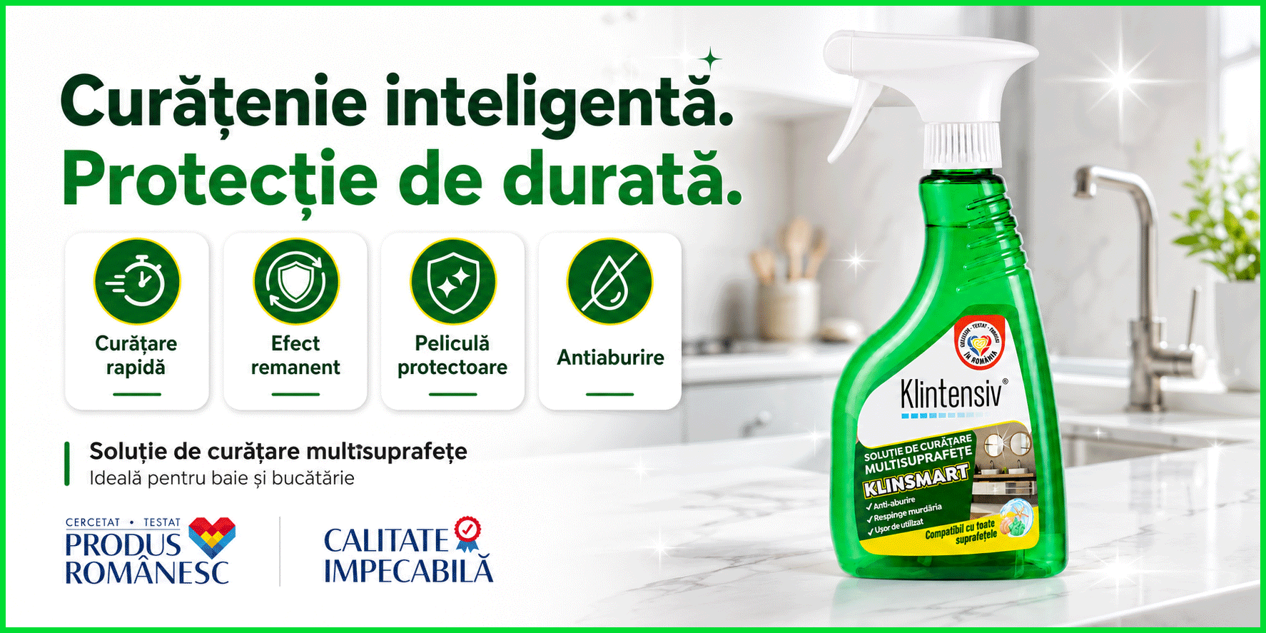 Soluție profesională de curățare Klintensiv KlinSmart, efect remanent, peliculă protectoare, anticalcar, degresant, antiaburire, baie și bucătărie, 500 ml, pulverizator, 4x Stickere