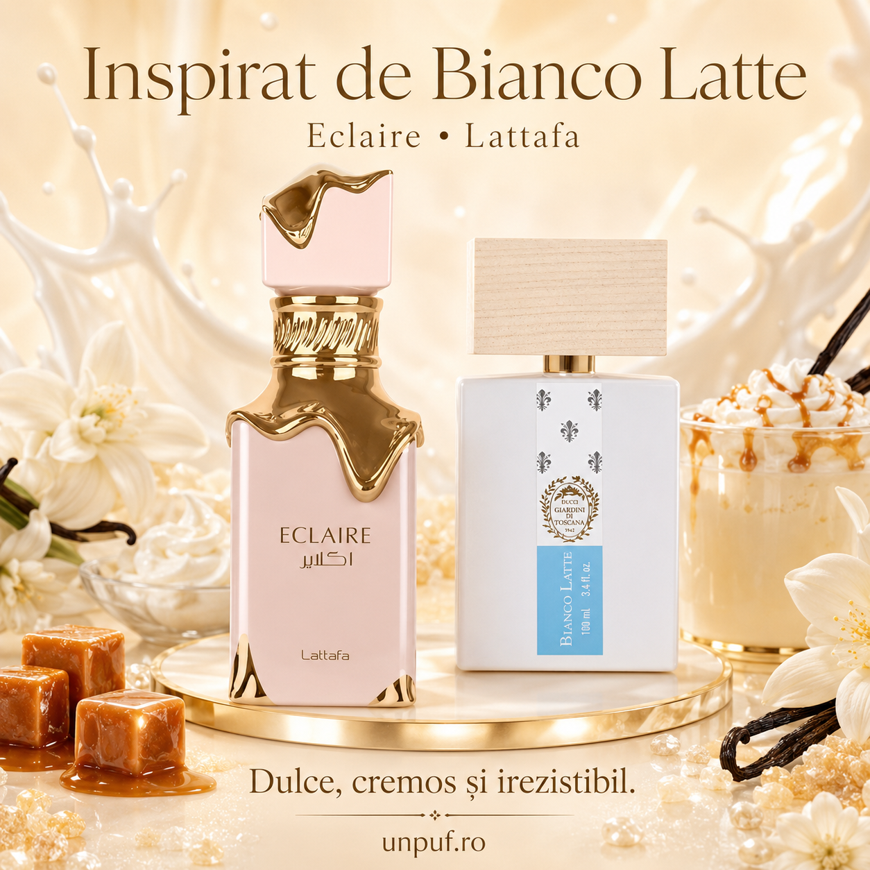 Eclaire Lattafa parfum damă inspirat din Bianco Latte cu aromă dulce cremoasă de caramel vanilie și lapte