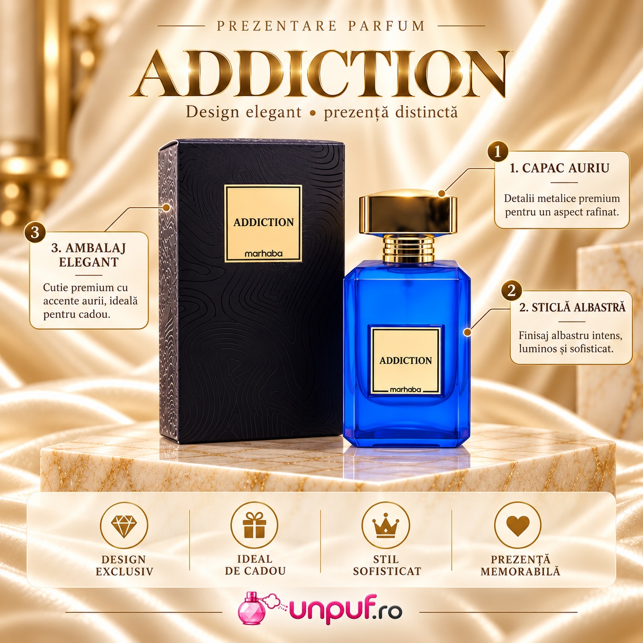 Prezentare Addiction Marhaba parfum bărbați cu design elegant sticlă albastră capac auriu și ambalaj premium