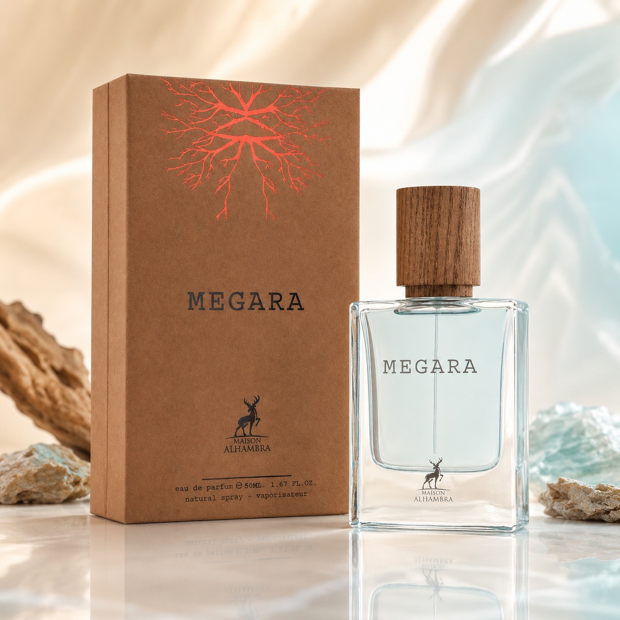 Parfum Arăbesc Alhambra Megara Maison Alhambra 50 ml cu sticlă transparentă și cutie maro premium