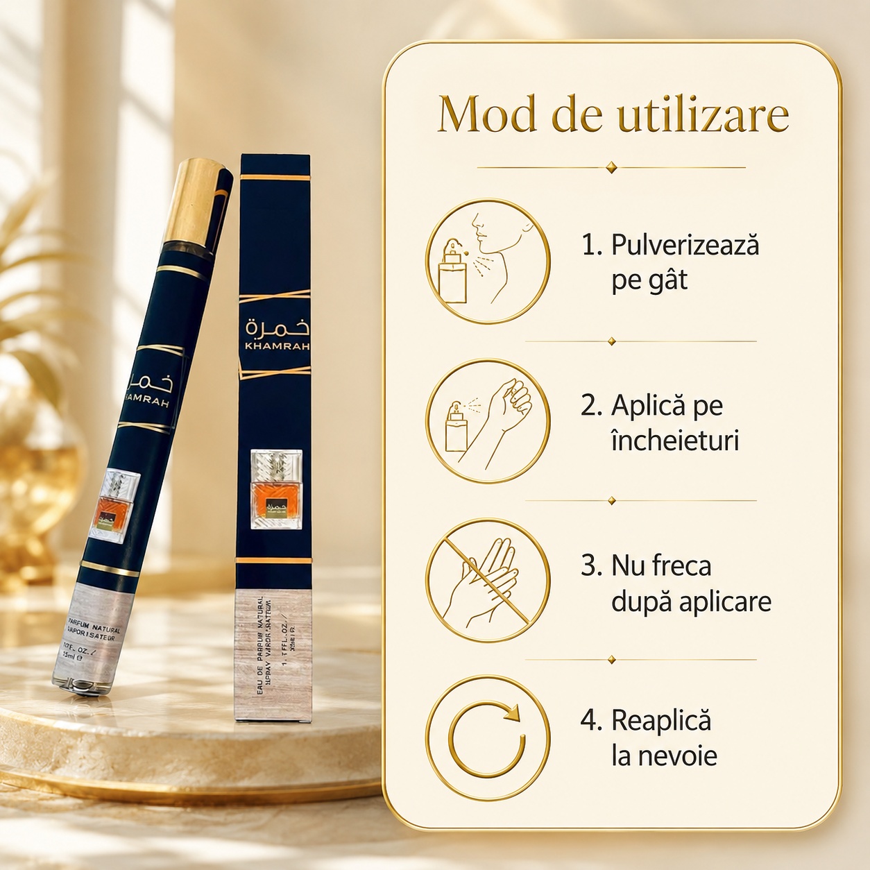 Mod de utilizare Khamrah Lattafa pulverizează pe g&acirc;t și &icirc;ncheieturi nu freca după aplicare