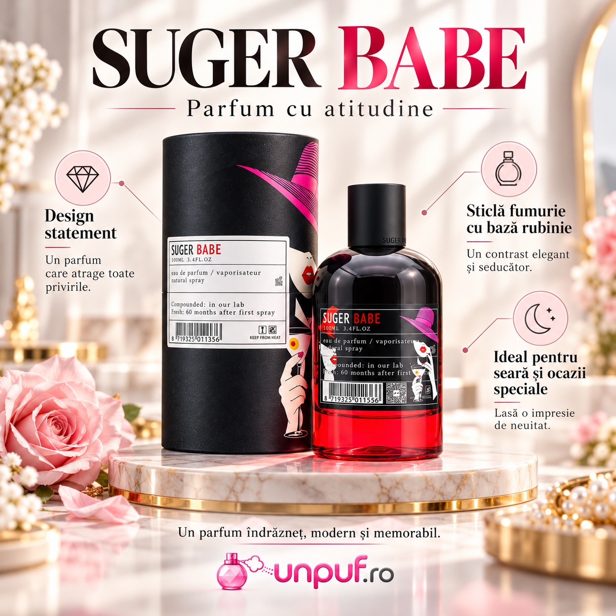 Prezentare Aro-Fac Suger Babe parfum de damă cu flacon rubiniu cutie neagră și parfum cu atitudine