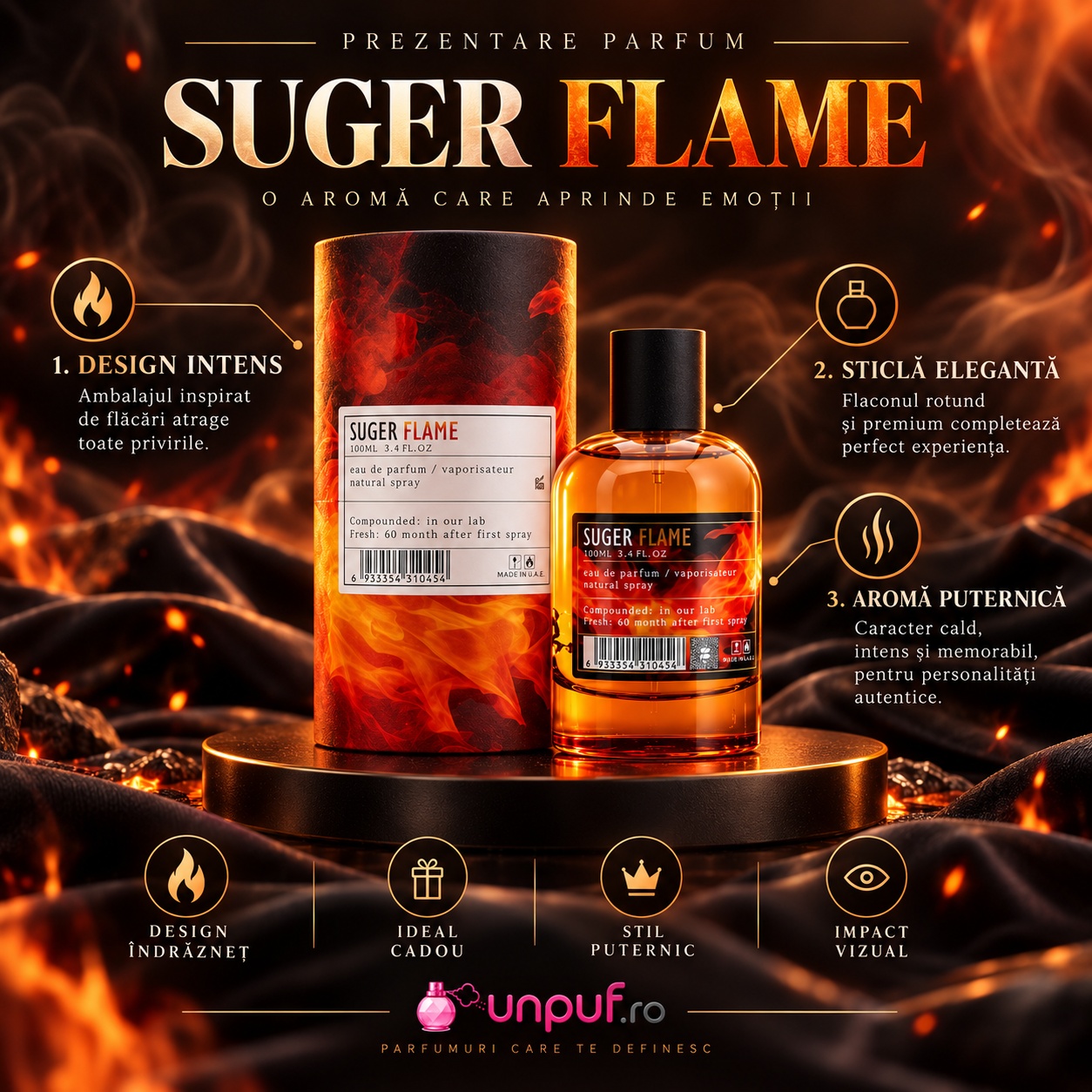 Prezentare Aro-Fac Suger Flame parfum unisex cu design intens flăcări castane vanilie și santal