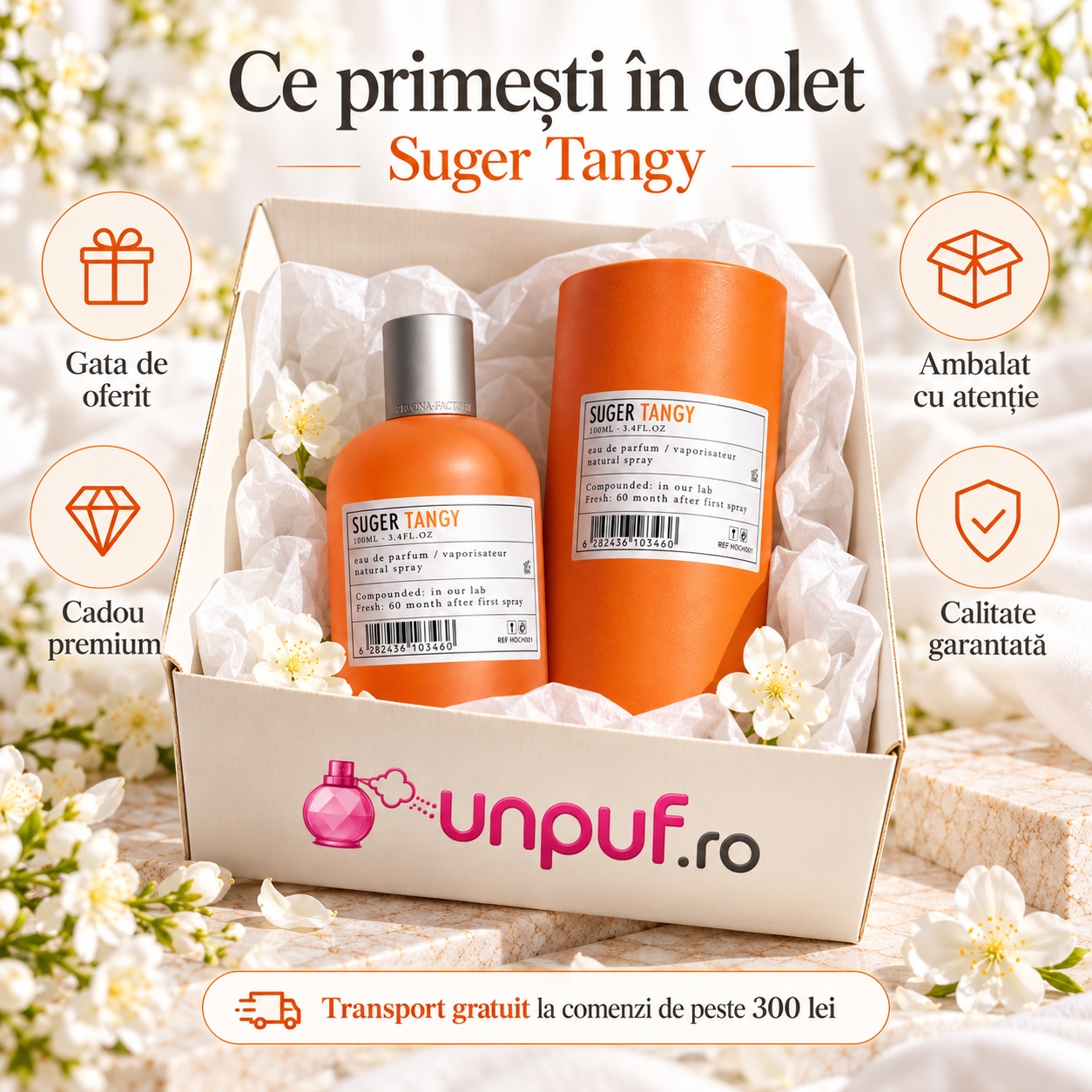 Ce primești în colet Aro-Fac Tangy Suger Eau de Parfum 100 ml ambalat premium pentru cadou