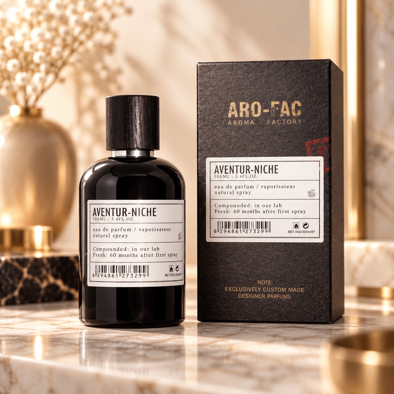 Aventur Niche Aro-Fac Eau de Parfum 100 ml parfum unisex cu flacon negru și cutie premium