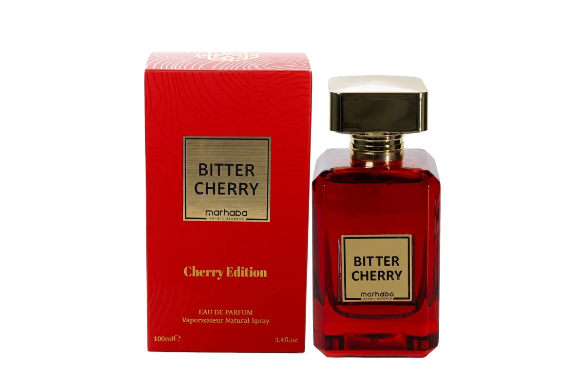 Bitter Cherry Marhaba Eau de Parfum 100 ml cu flacon și cutie roșie pe fundal alb