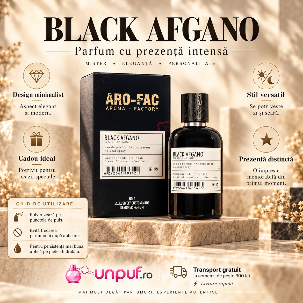 Prezentare Black Afgano Aro-Fac parfum unisex cu design minimalist și prezență intensă