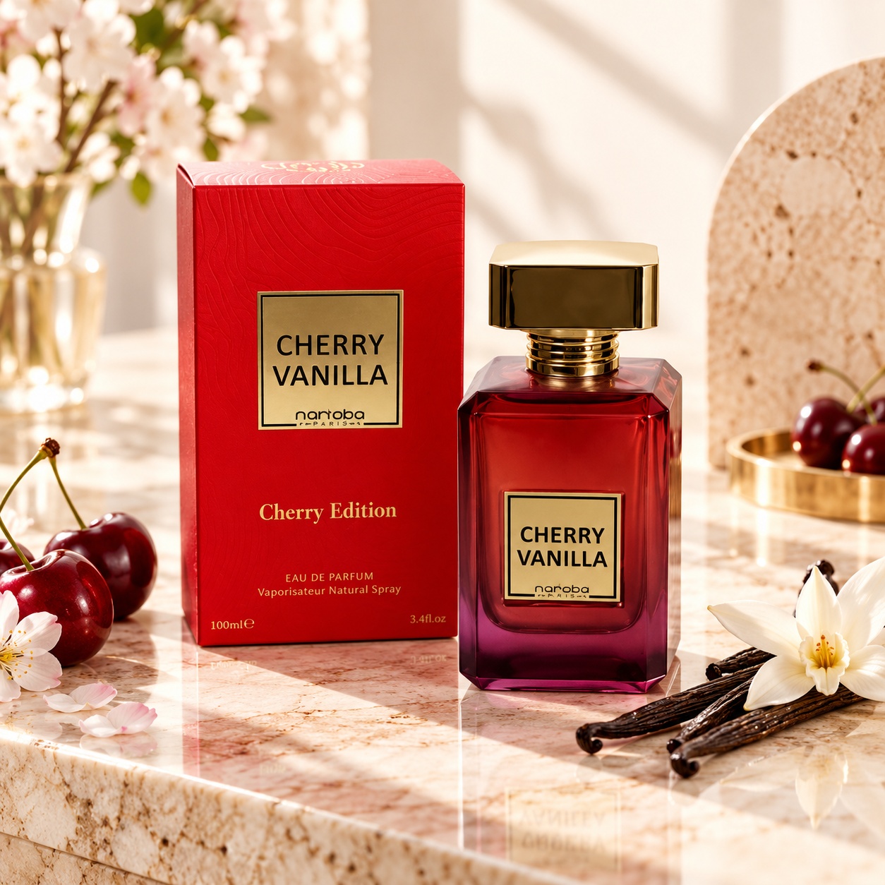 Cherry Vanilla Marhaba Eau de Parfum 100 ml parfum arăbesc cu ADN propriu cireșe vanilie și cutie roșie premium
