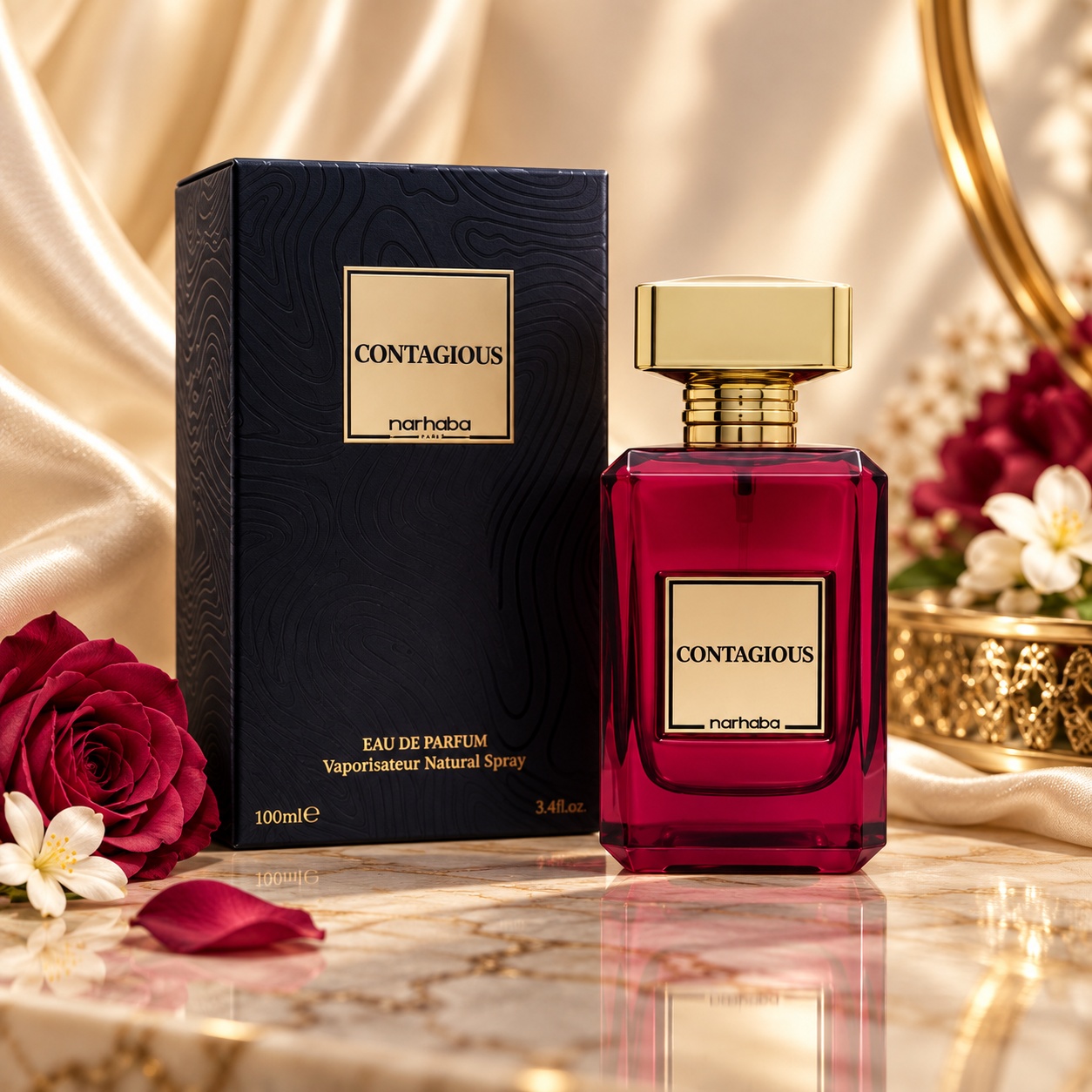 Contagious Marhaba Eau de Parfum 100 ml parfum arăbesc unisex inspirat de Intoxicated Kilian cu flacon roșu și cutie neagră premium