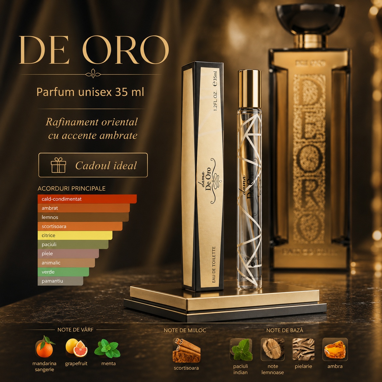 De Oro 35 ml unisex rafinament oriental cu accente ambrate, acorduri cald condimentate și lemnoase