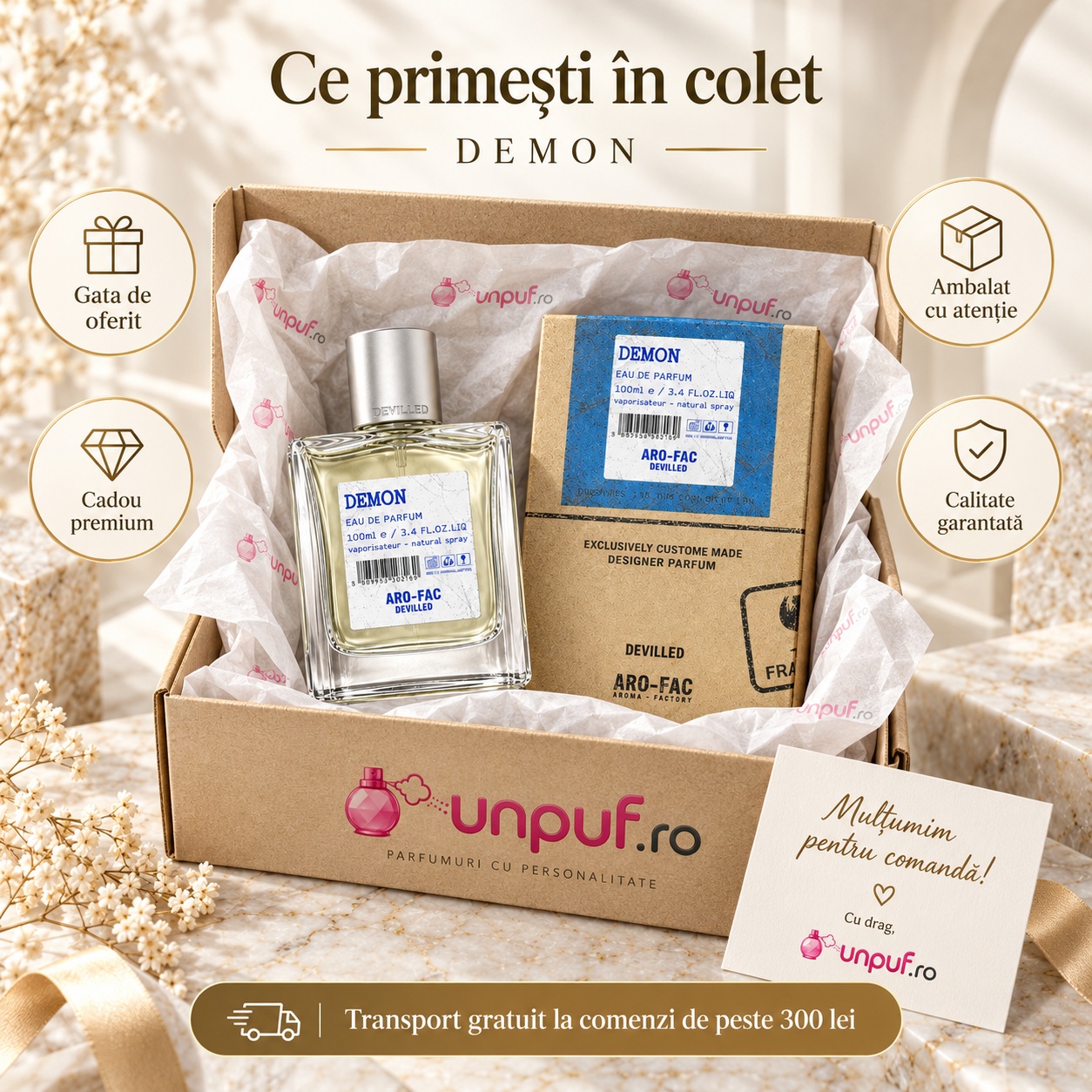 Ce primești în colet Demon ARO-FAC Eau de Parfum 100 ml parfum bărbătesc ambalat premium pentru cadou