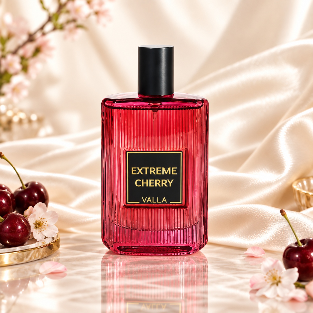 Flacon Extreme Cherry Yalla parfum 50 ml roșu cu etichetă neagră și capac negru