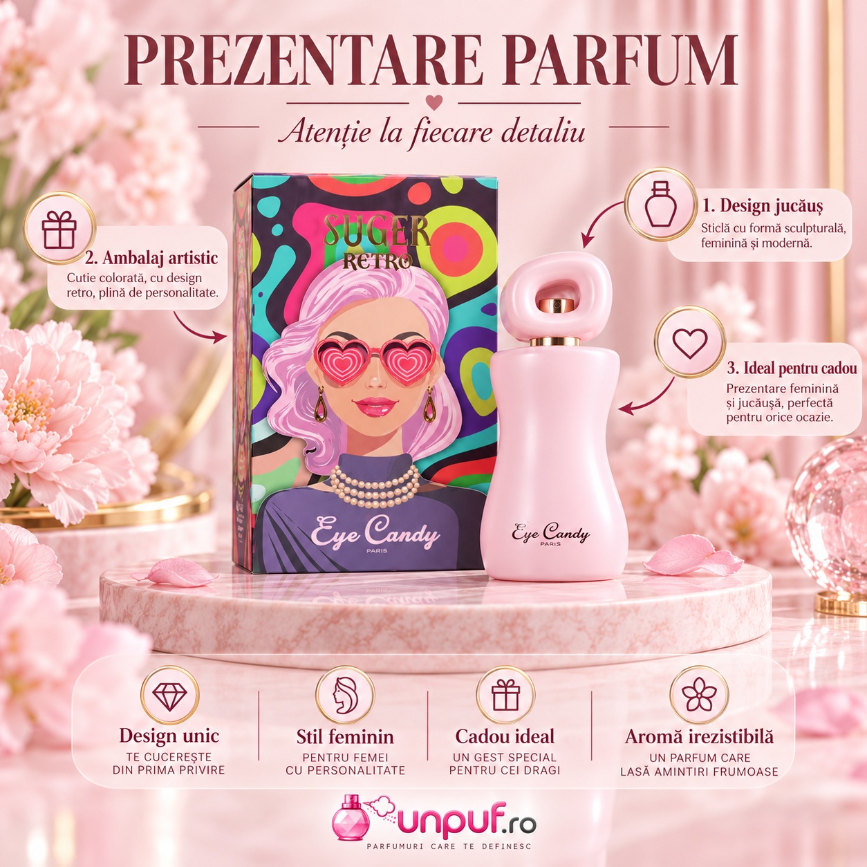 Prezentare parfum Eye Candy Suger Retro ARO-FAC 100 ml cu design roz feminin cutie pop-art și detalii premium