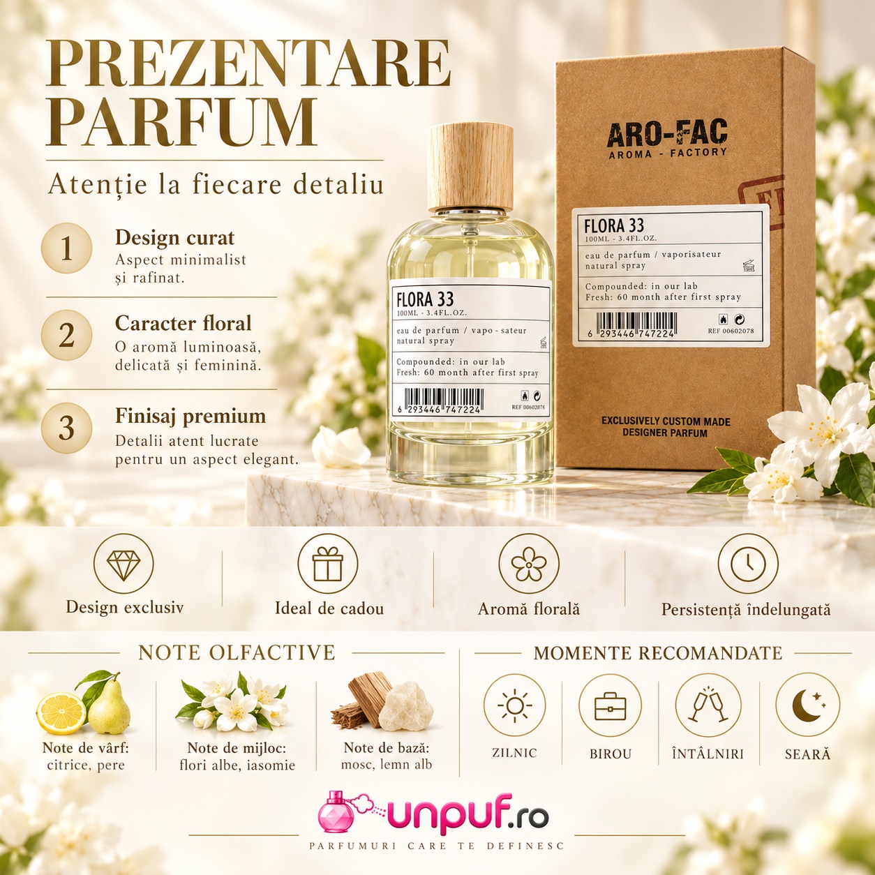 Prezentare parfum Flora 33 ARO-FAC 100 ml cu design curat caracter floral finisaj premium și persistență îndelungată