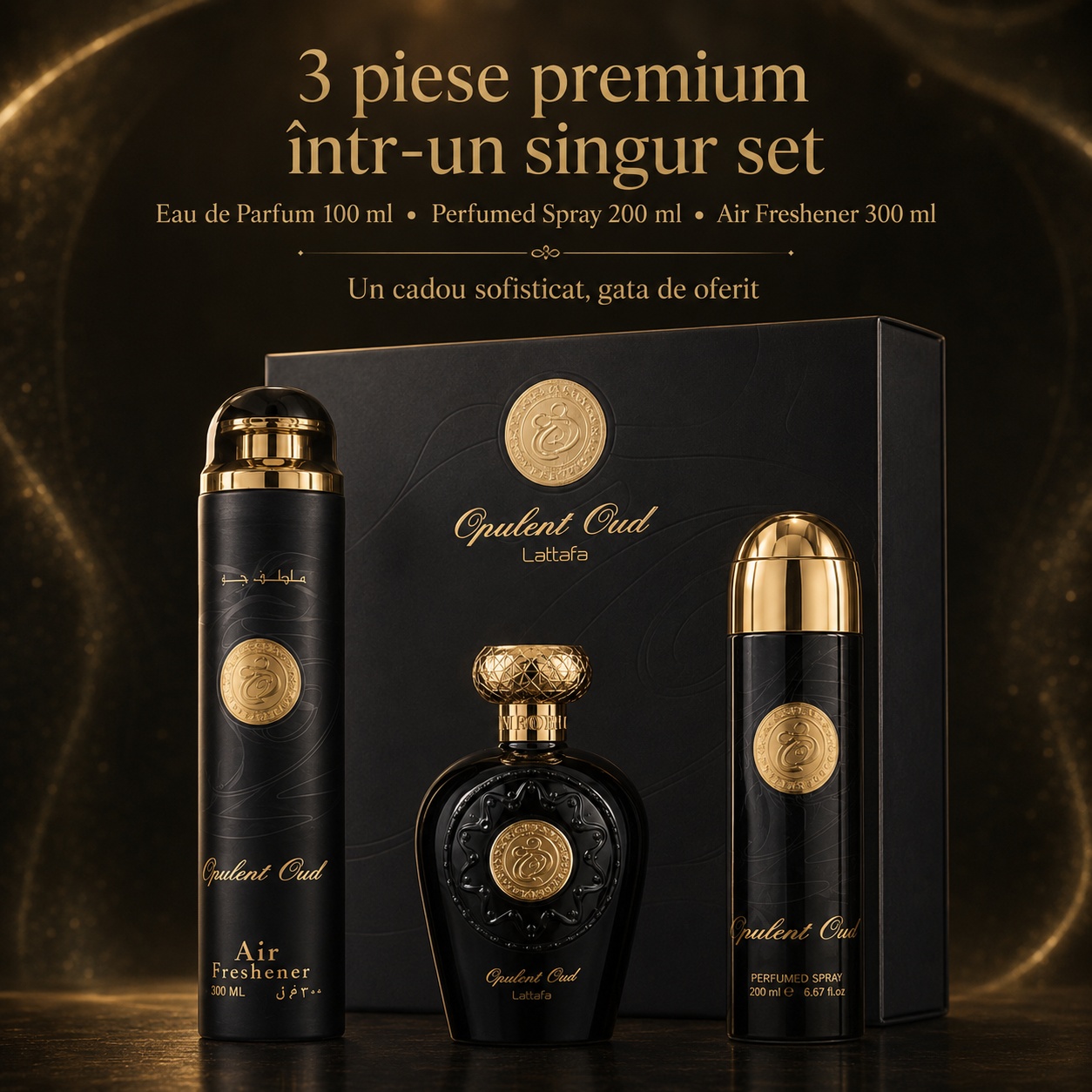 Set parfum arabesc Lattafa Opulent Oud 3 piese in cutie cadou neagra cu detalii aurii