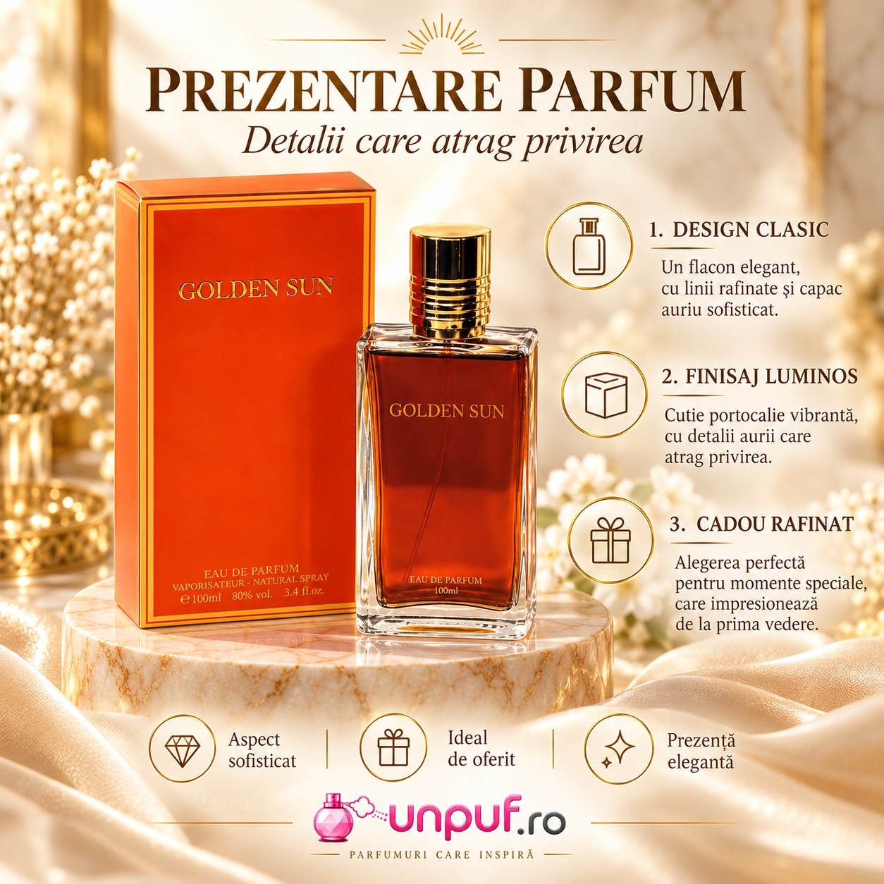 Prezentare parfum Golden Sun 100 ml cu design clasic flacon ambrat cutie portocalie și detalii premium pentru cadou