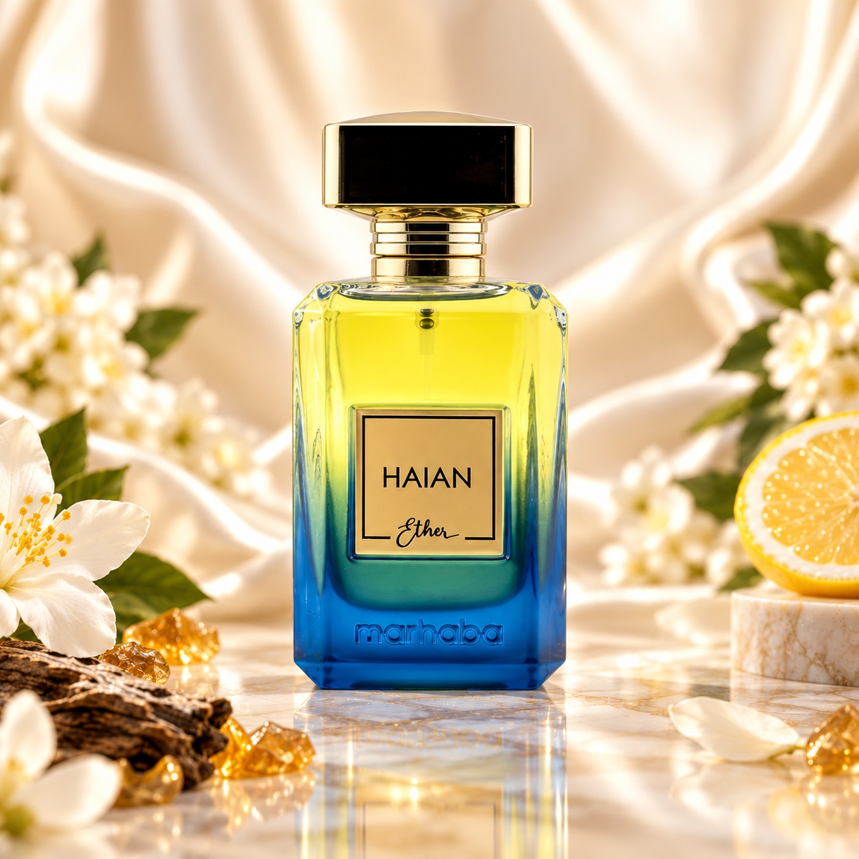 Flacon Haian Ether x Marhaba 100 ml cu degradé albastru galben, capac negru auriu și design elegant