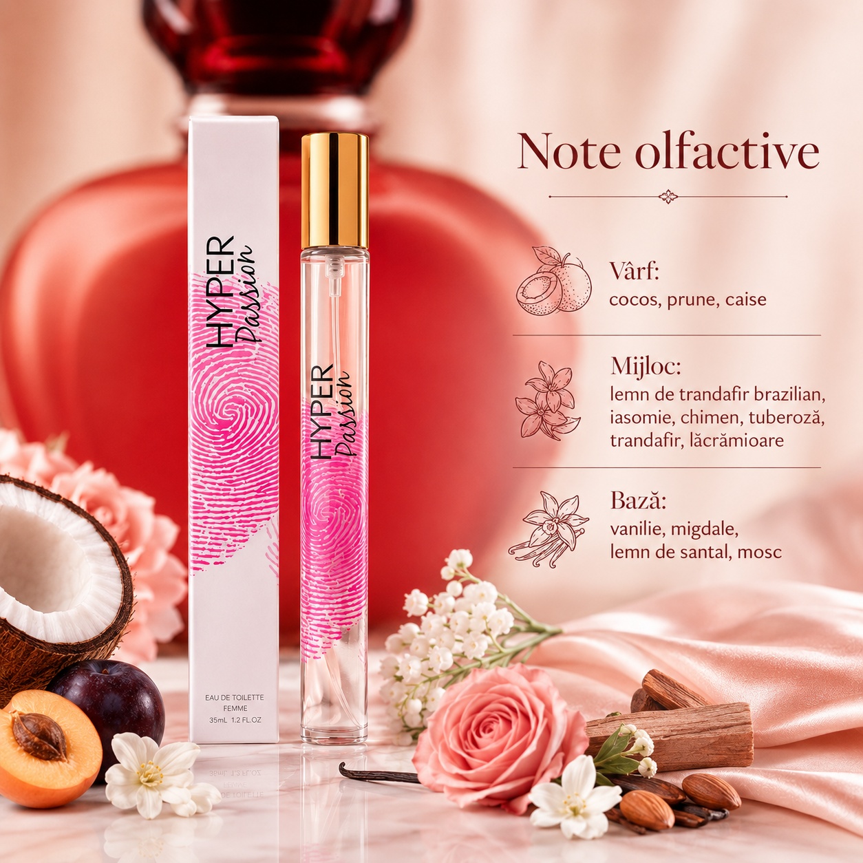 Note olfactive Hyper Passion cocos prune caise iasomie tuberoză trandafir vanilie migdale lemn de santal și mosc