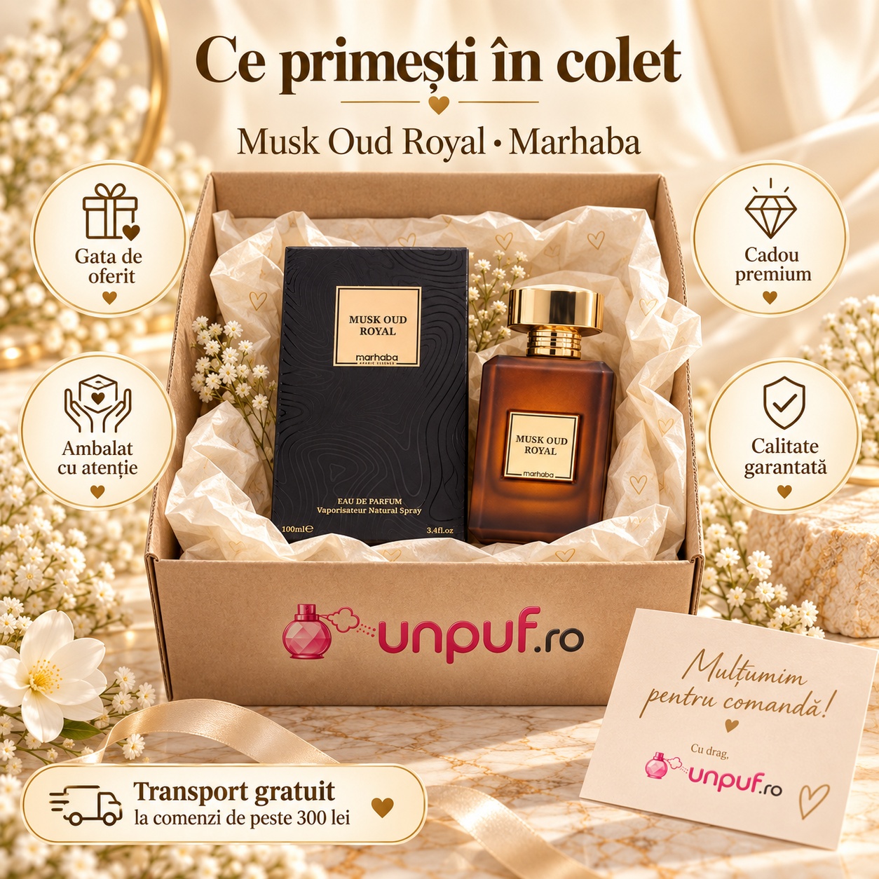 Ce primești în colet Musk Oud Extreme Marhaba parfum unisex ambalat premium pentru cadou