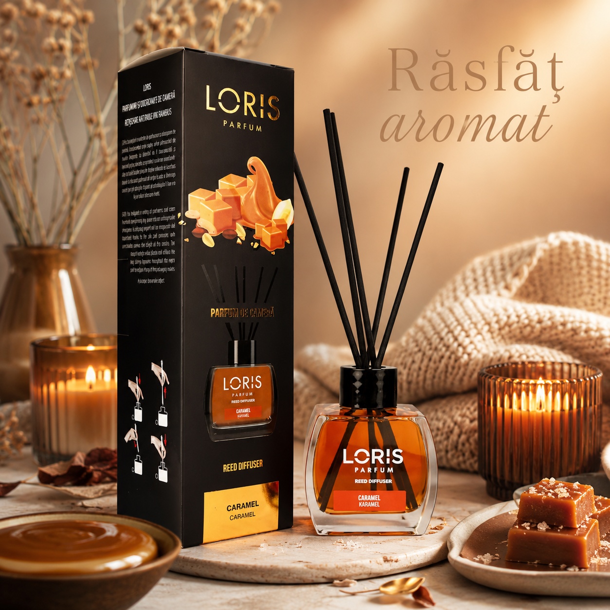 Loris Caramel reed diffuser 120 ml odorizant cameră cu bețișoare parfumate