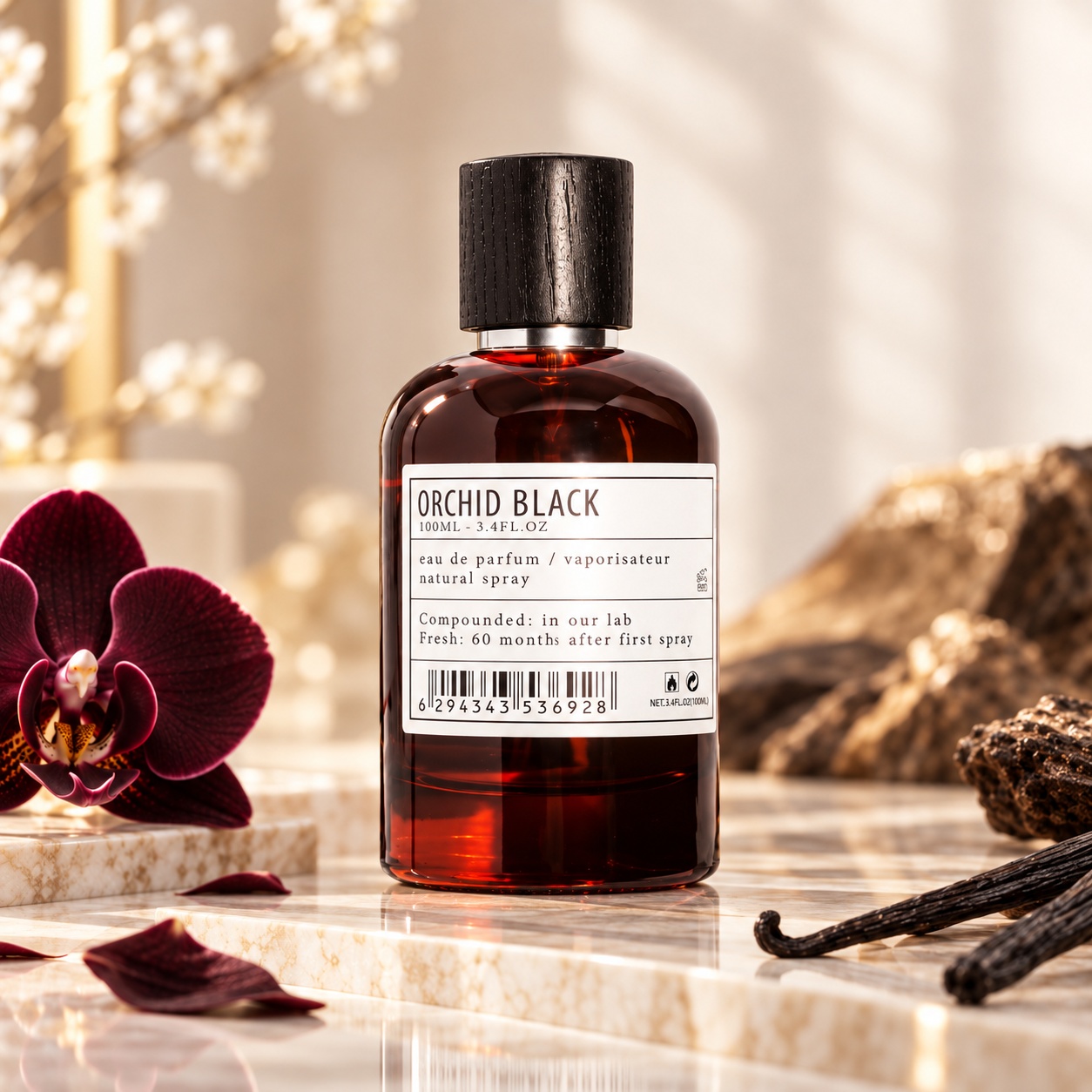 Flacon Orchid Black Aro-Fac parfum unisex 100 ml în decor elegant cu orhidee și vanilie