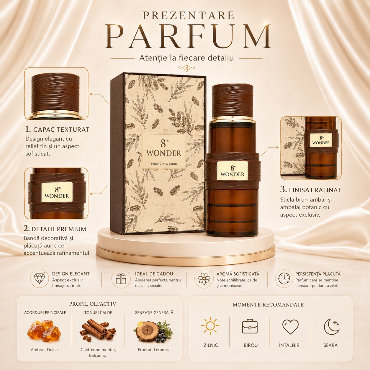 Prezentare parfum 8th Wonder French Avenue cu capac texturat, detalii premium, finisaj rafinat și profil olfactiv