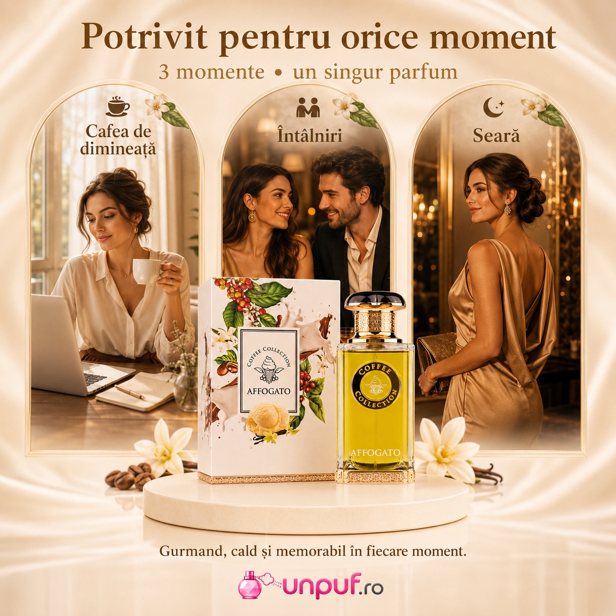 Affogato Eau de Parfum potrivit pentru cafeaua de dimineață, &icirc;nt&acirc;lniri și seară, parfum gurmand cald și memorabil