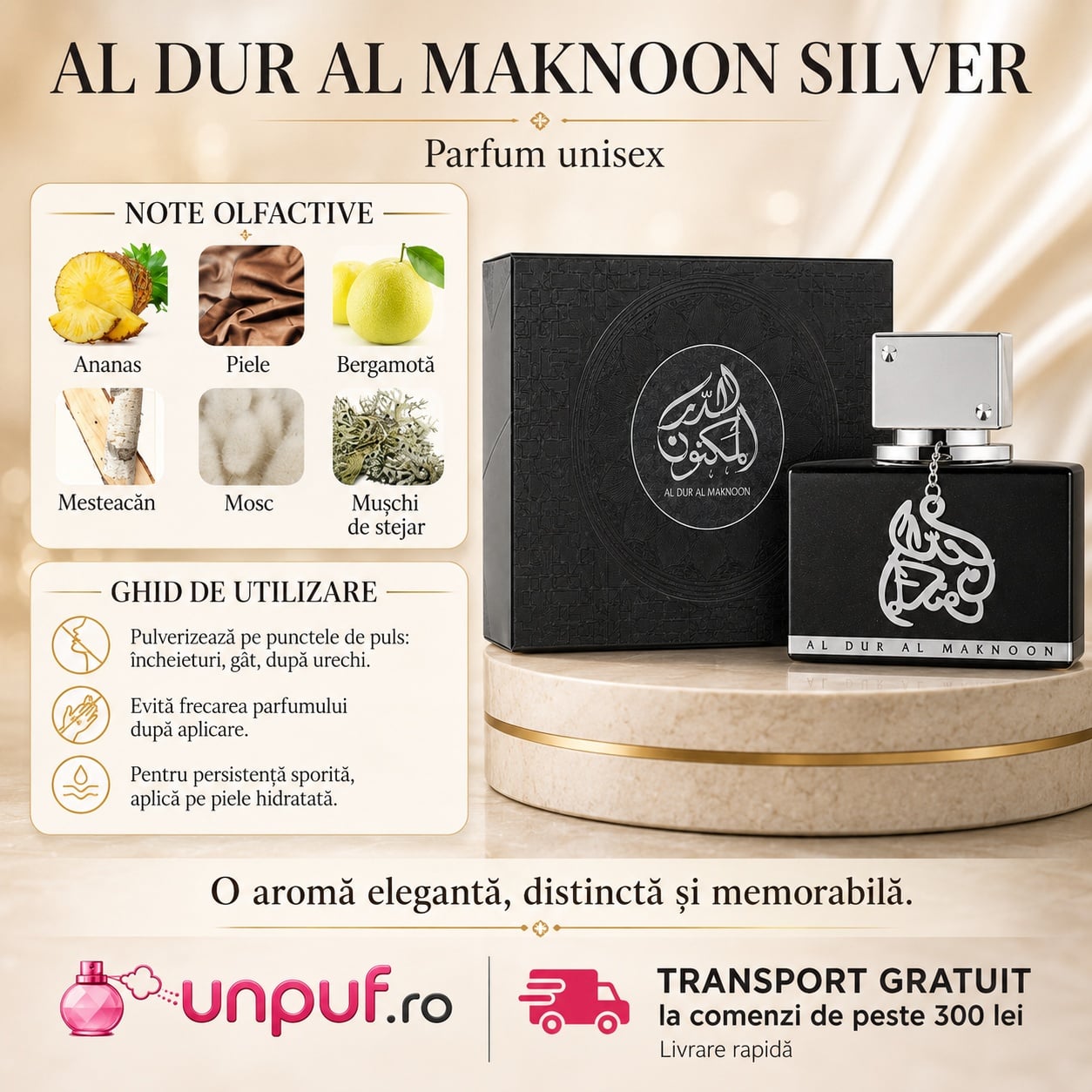 Al Dur Al Maknoon Silver Lattafa parfum cu note de ananas bergamotă mesteacăn mosc piele și mușchi de stejar, ghid de utilizare