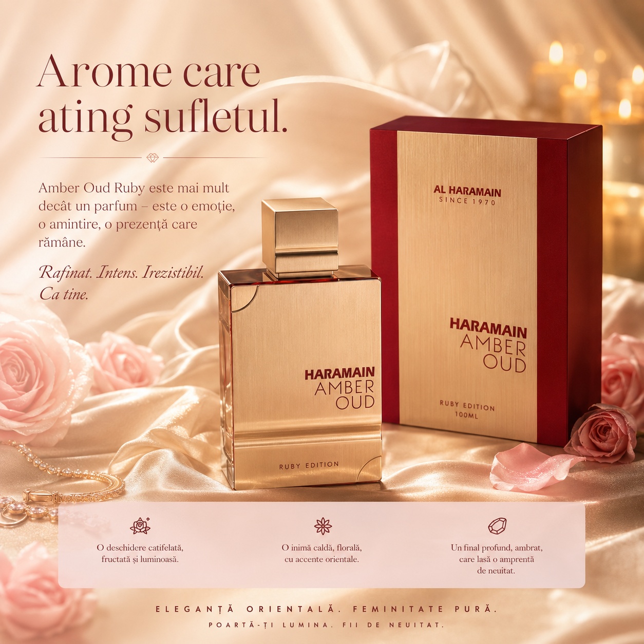 Al Haramain Amber Oud Ruby Edition, parfum oriental cu deschidere catifelată, inimă caldă florală și final ambrat profund