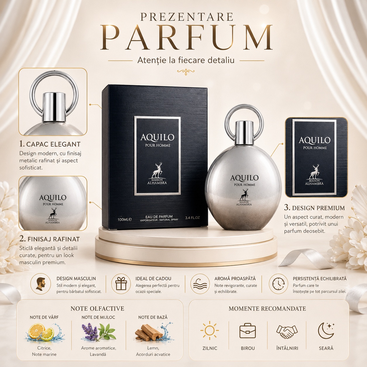 Alhambra Aquilo Pour Homme note olfactive grapefruit bergamotă piper lavandă note acvatice cedru mosc vetiver