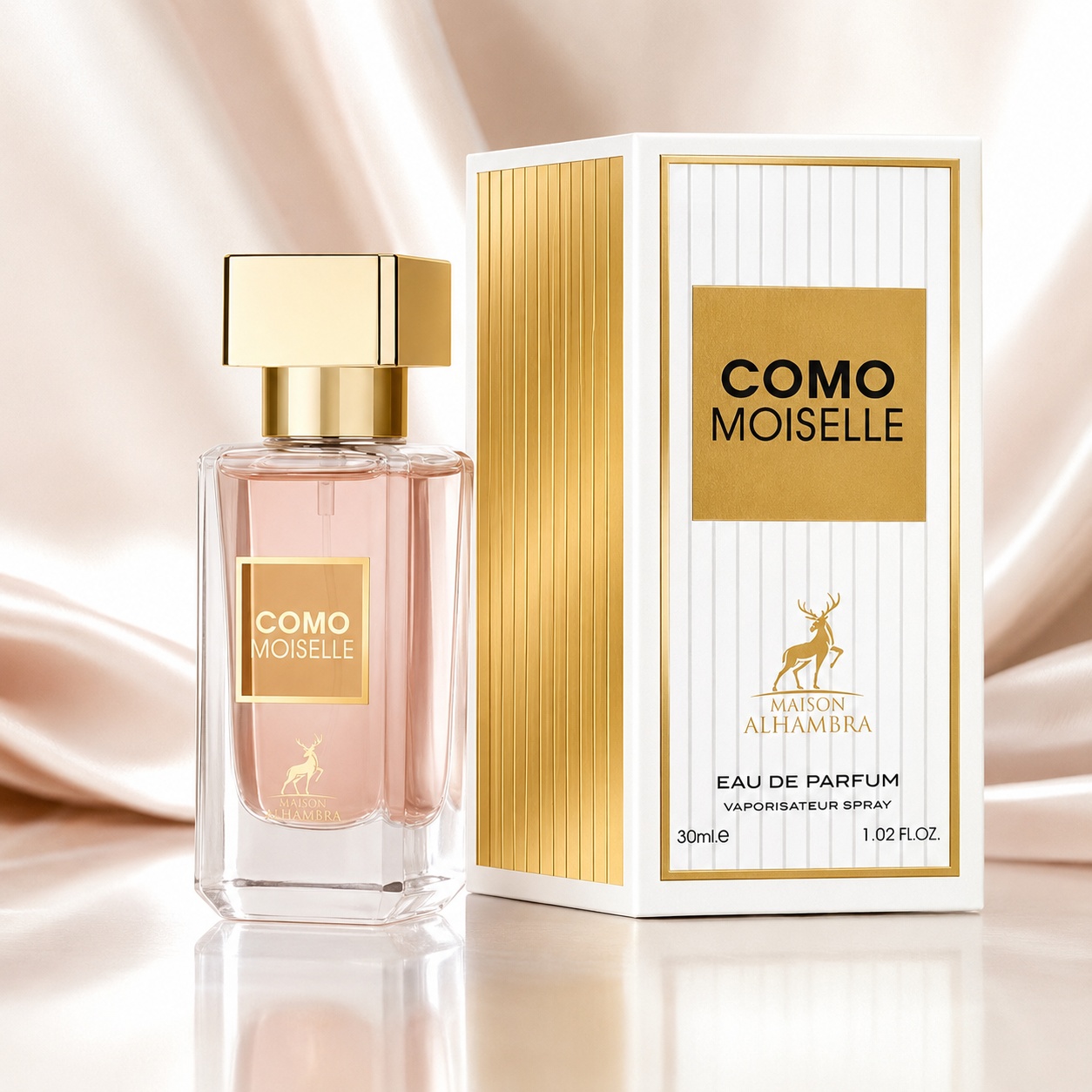 Parfum Arăbesc Alhambra Como Moiselle 30 ml cu sticlă roz elegantă și cutie albă aurie Maison Alhambra