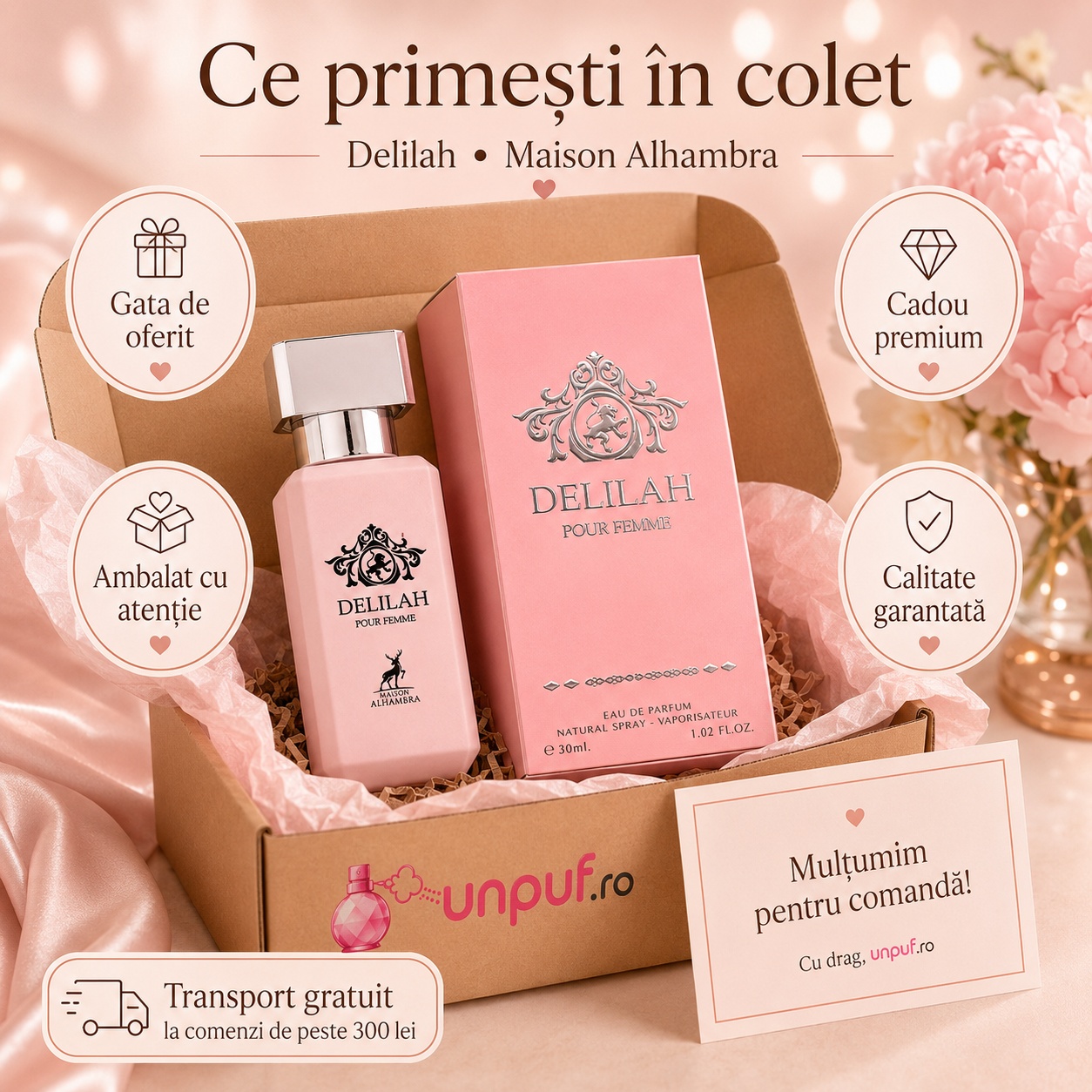 Colet parfum Delilah Pour Femme Maison Alhambra ambalat cu atenție, cadou premium și calitate garantată