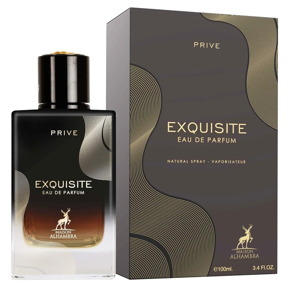 Parfum Alhambra Exquisite Prive Maison Alhambra 100 ml sticlă și cutie pe fundal alb