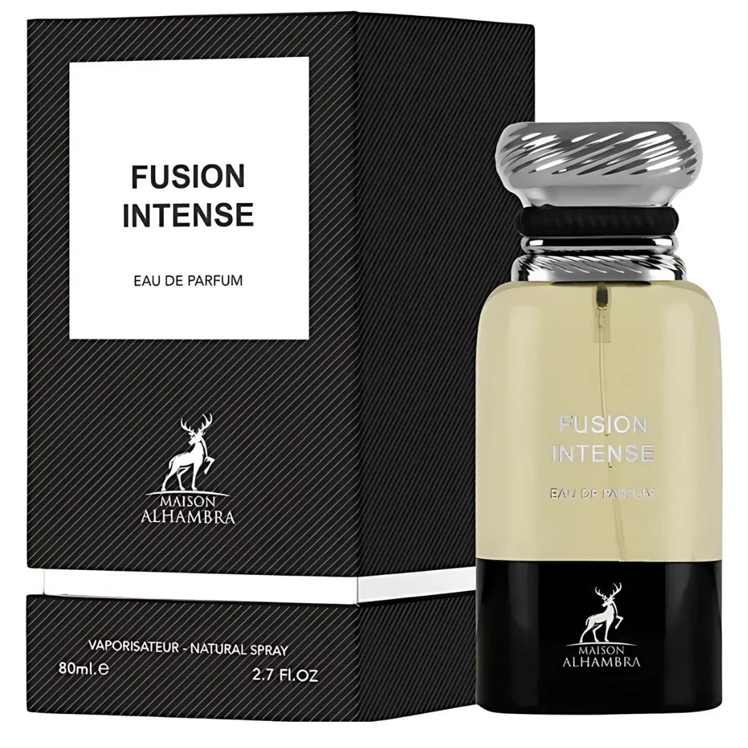 Parfum Alhambra Fusion Intense Maison Alhambra 80 ml sticlă și cutie pe fundal alb