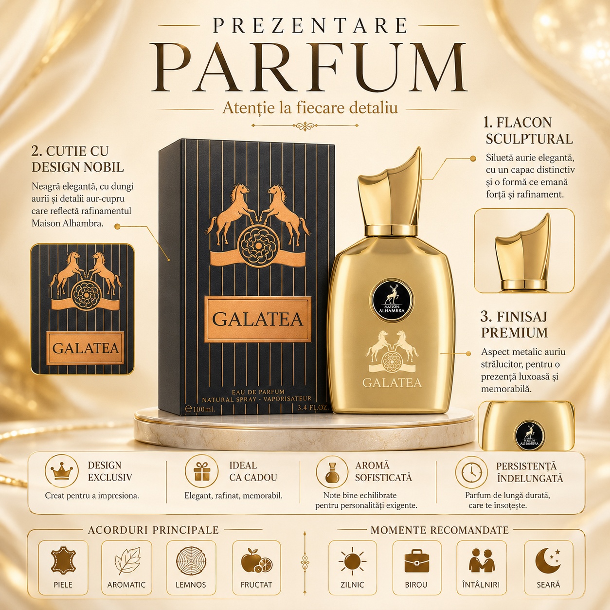 Prezentare Parfum Alhambra Galatea Maison Alhambra 100 ml detalii flacon cutie beneficii și momente recomandate
