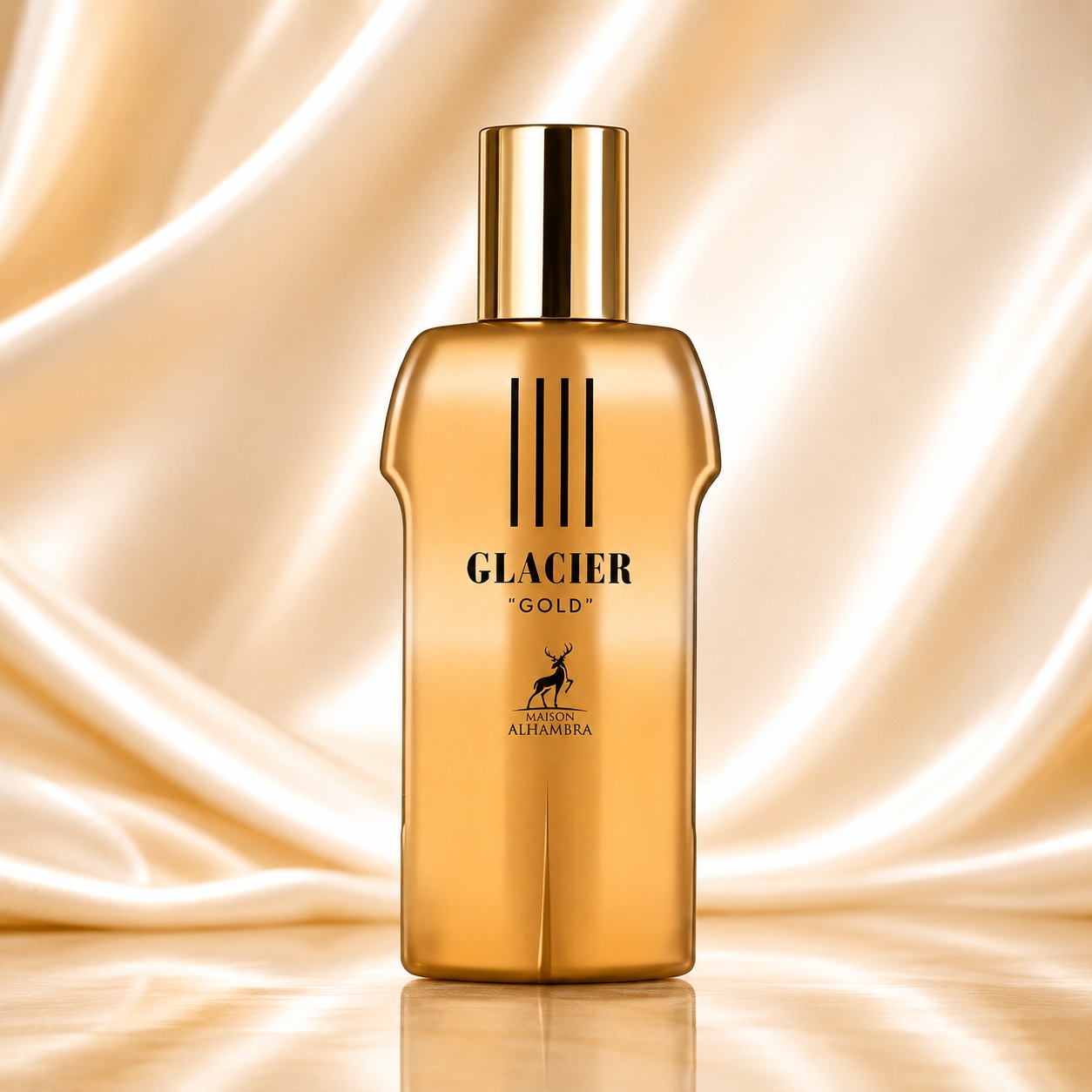 Sticlă Parfum Alhambra Glacier Gold Maison Alhambra 100 ml pe fundal auriu premium
