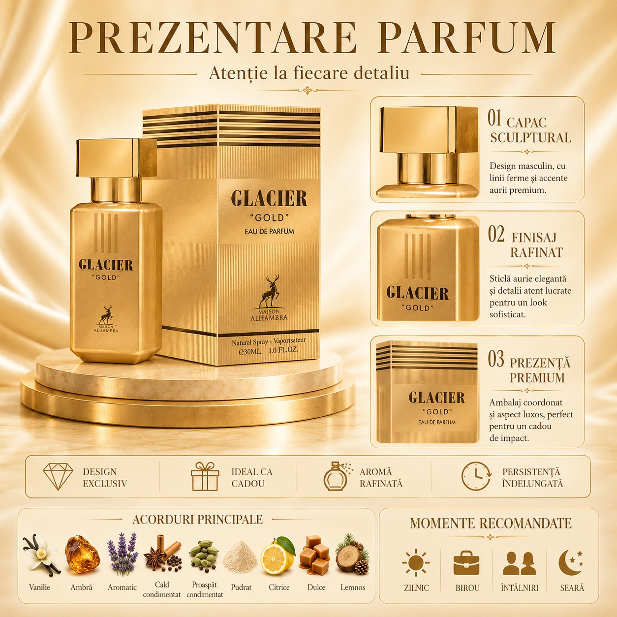 Alhambra Glacier Gold note olfactive bergamotă condimente fructe dulci ambră mosc vanilie
