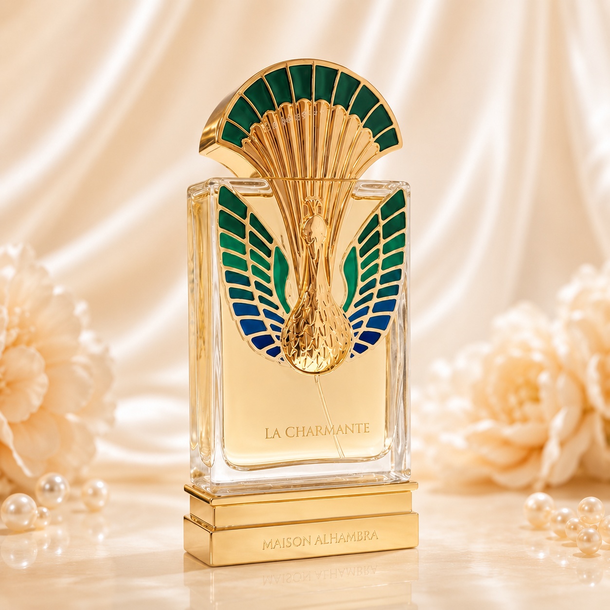 Flacon Alhambra La Charmante 100 ml, parfum unisex cu design sculptural verde, albastru și auriu