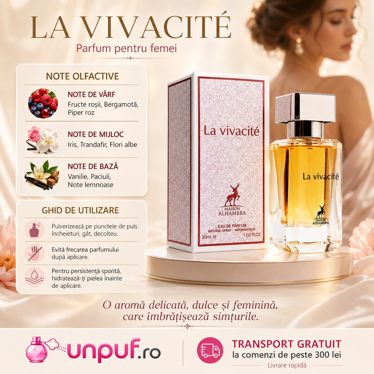 Note olfactive și ghid de utilizare Alhambra La Vivacite cu fructe roșii, bergamotă, piper roz, iris, trandafir, flori albe, vanilie, paciuli și note lemnoase