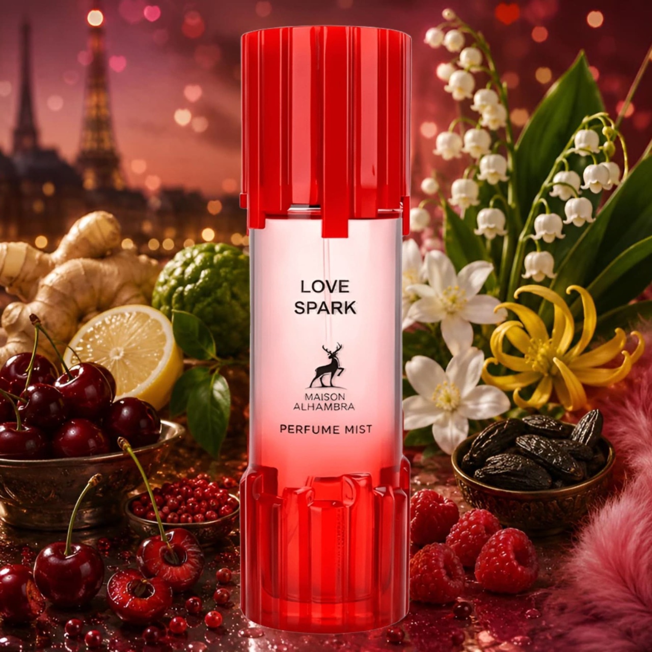 Alhambra Love Spark Body Mist 250ml, flacon roșu cu ingrediente fructate, florale și vanilate