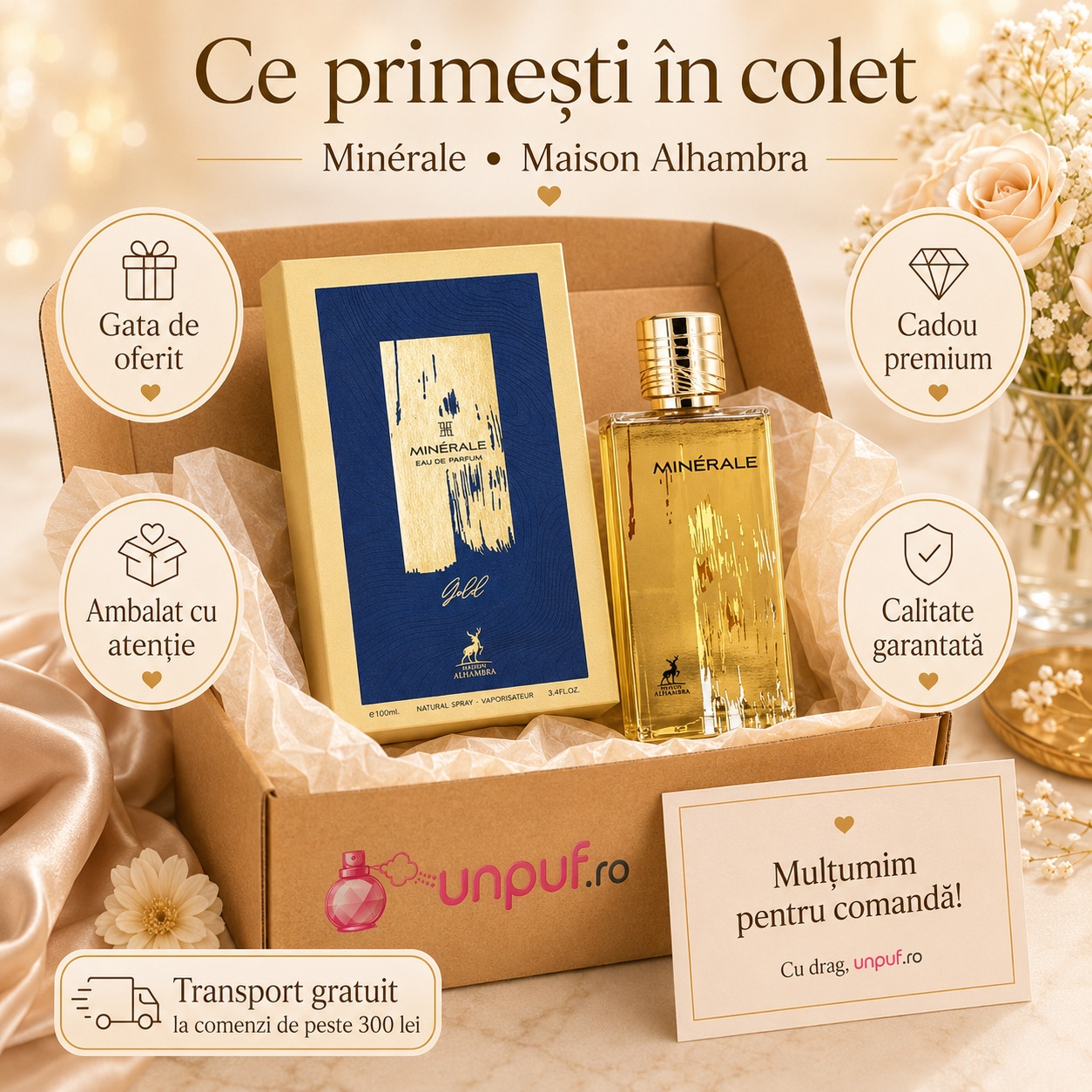 Ce primești în colet Parfum Alhambra Minerale Gold Maison Alhambra 100 ml ambalat cu atenție pentru cadou premium