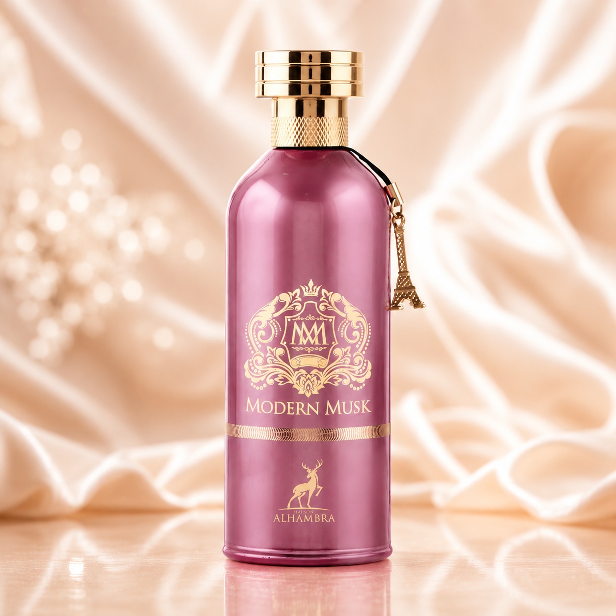 Sticlă parfum Alhambra Modern Musk Maison Alhambra 100 ml pe fundal luminos premium