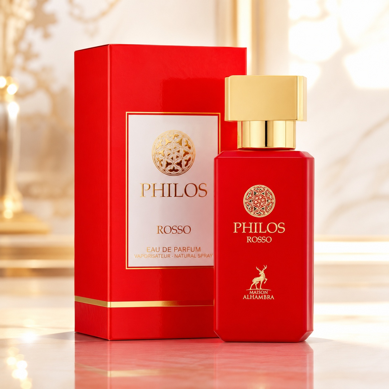 Parfum Arăbesc Alhambra Philos Rosso 30 ml cu sticlă roșie elegantă și cutie premium Maison Alhambra