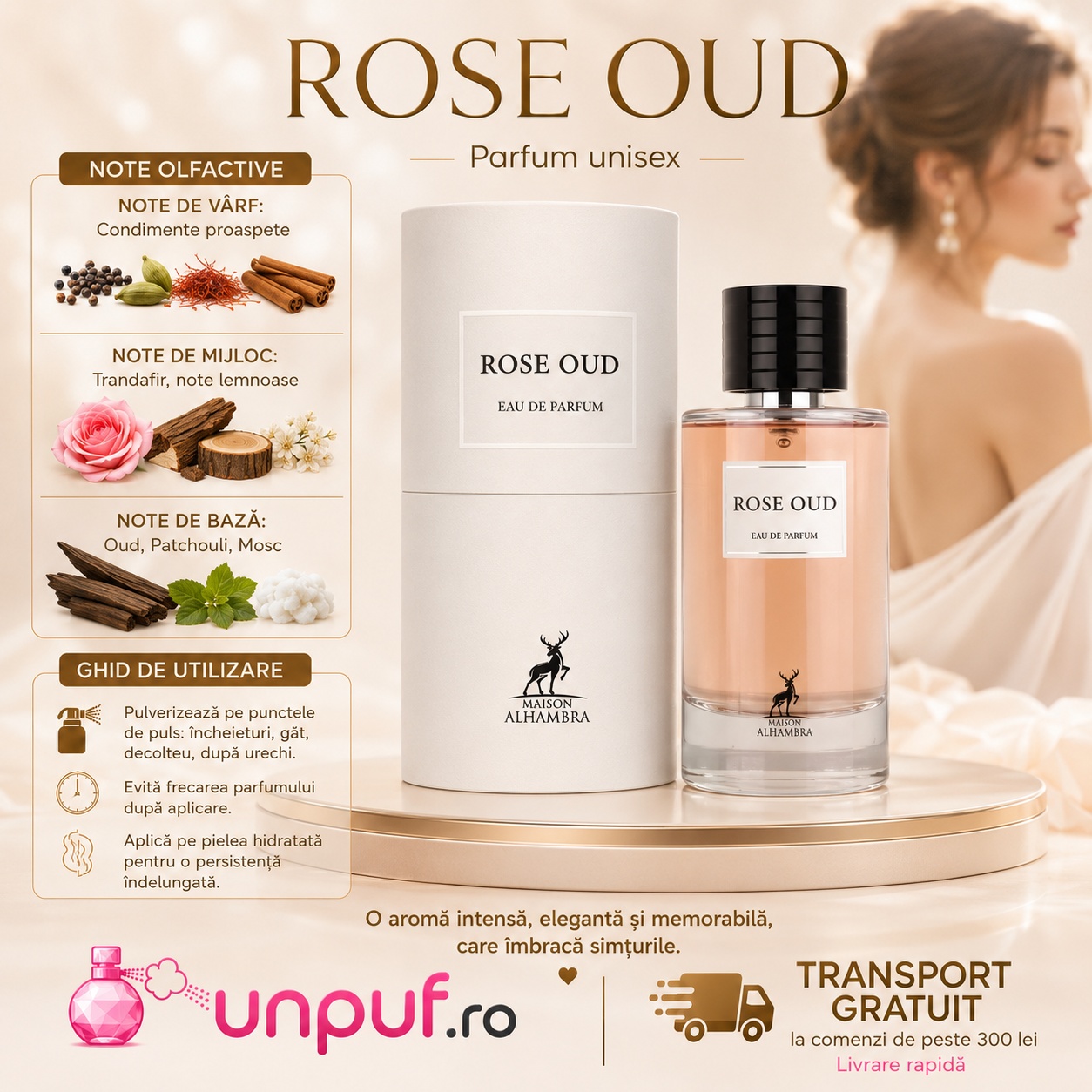 Note olfactive și ghid de utilizare Alhambra Rose Oud 100 ml