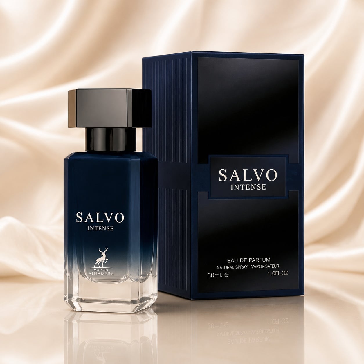 Parfum Arăbesc Alhambra Salvo Intense 30 ml cu sticlă albastru &icirc;nchis și cutie premium Maison Alhambra