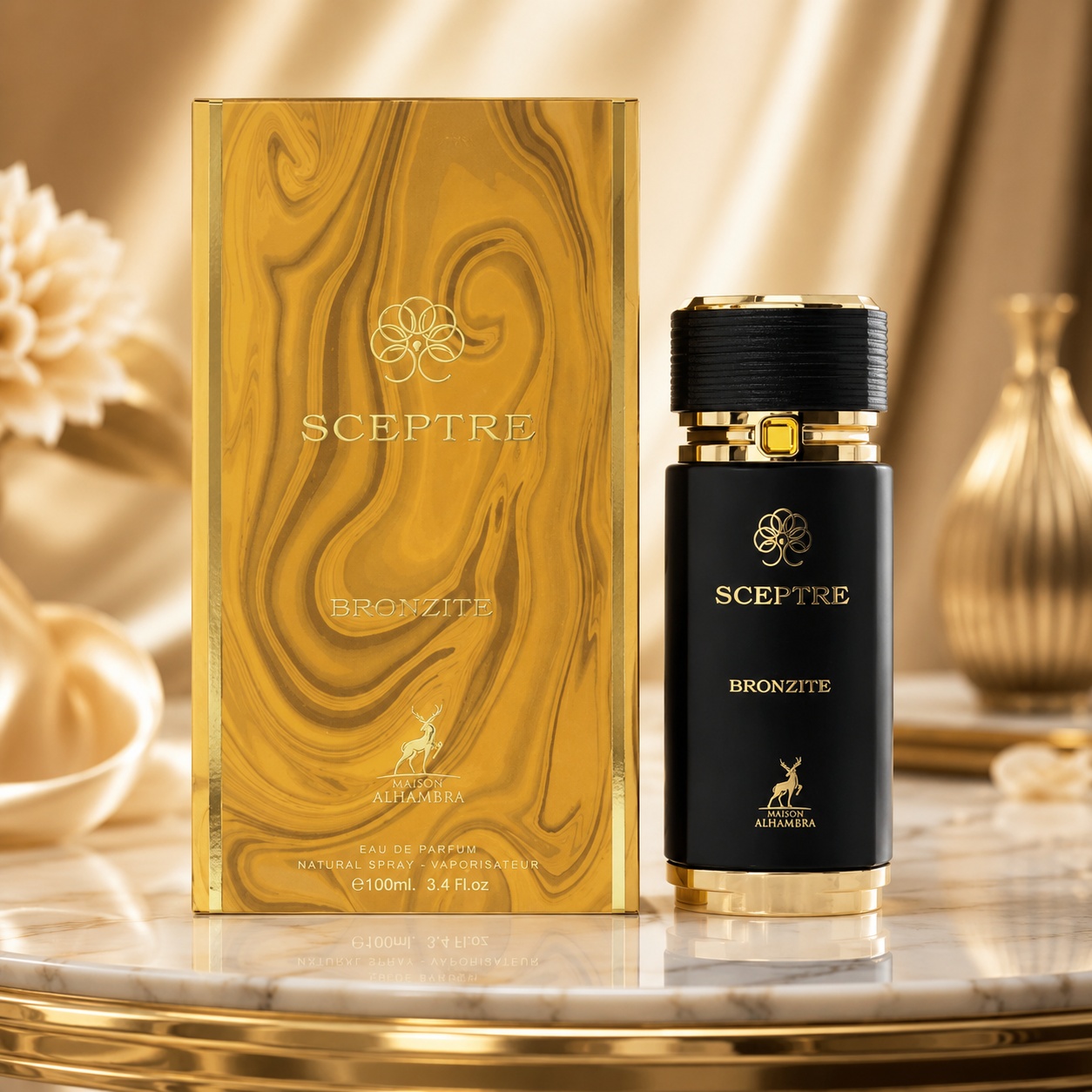 Parfum Arăbesc Alhambra Sceptre Bronzite 100 ml cu sticlă neagră și detalii aurii Maison Alhambra